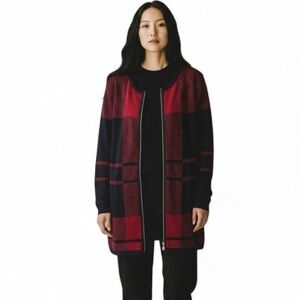 Anne Klein Coat Sweater Full Zip Cardigan in Black and Red Plaid Size XL